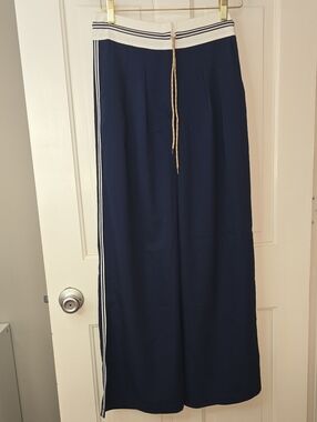 Modesees Navy Wide-Leg Drawstring Pants with White Trim
